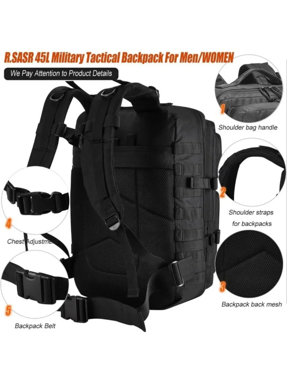 Large 45L Tactical Backpack for Hiking & Camping, Military Assault Pack with